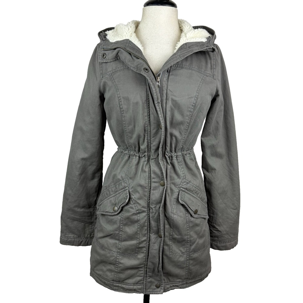 Hollister Sherpa Lined Cinch Waist Parka Jacket Womens M Hooded Coat Y2K